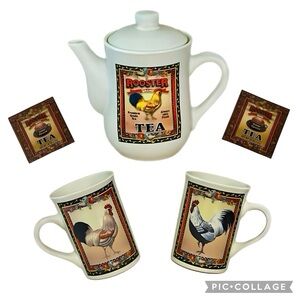 Vintage Bay Island Inc. Rooster Tea Brand Pot & Mugs